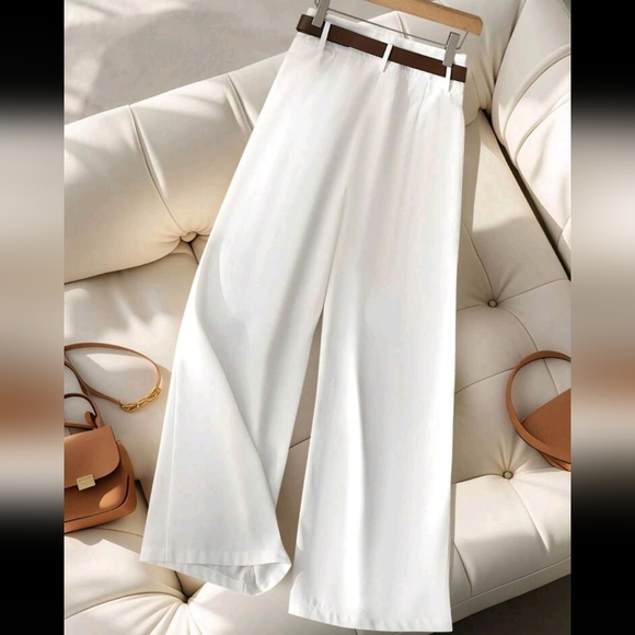 Women's Casual Commuter Straight Leg Pants With Slant Pockets And Belt - Picture 2 of 4
